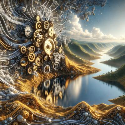 The primary subject of the image is a clock tower, which is prominently featured in the foreground. The setting is a picturesque landscape with a body of water, possibly a river, in the background. The visual style of the image is a combination of digital art and illustration, creating a unique and intricate design. The colors and mood of the image are predominantly warm and inviting, with the clock tower and the surrounding landscape creating a sense of harmony and balance.